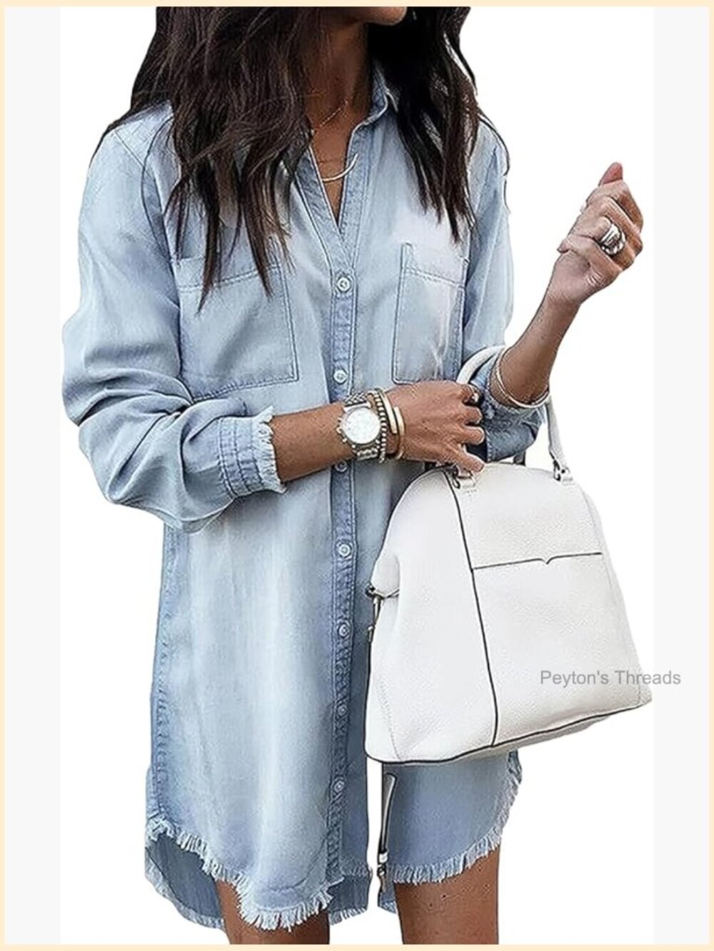 Women Denim Shirt Dresses Long Sleeve Distressed Jean Dress Button Down Casual
